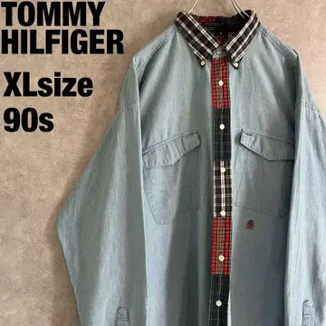 90s 타미힐피거 XL 데님 긴팔 셔츠 체크 절개 문장 자수