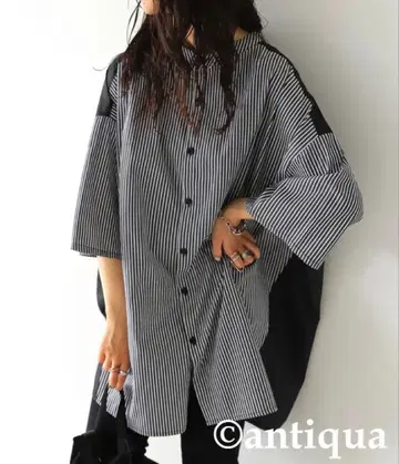 tree cafe 노카라 스트라이프 패턴 반팔 셔츠