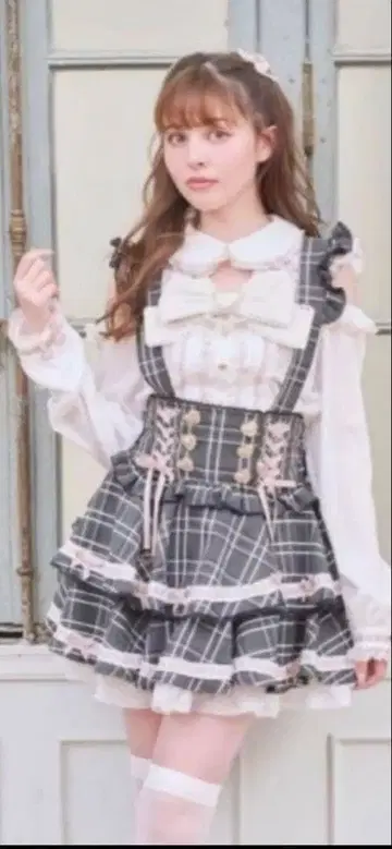 LIZLISA 사다리 리본 체크 티어 치마바지 핑크 x 블랙