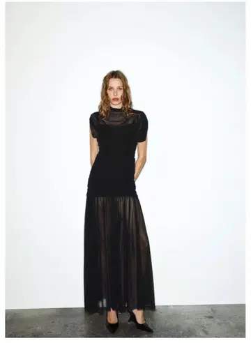 ZARA 자라 더블 패브릭 드레이프 디테일 미디 원피스