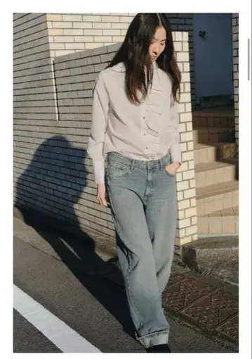 ZARA TRF 배기 폴디드 미드 라이즈 데님 팬츠