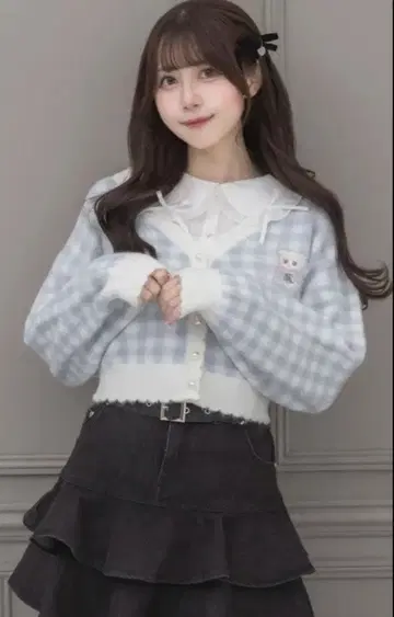 pium 체크 가디건 고양이 스카이블루