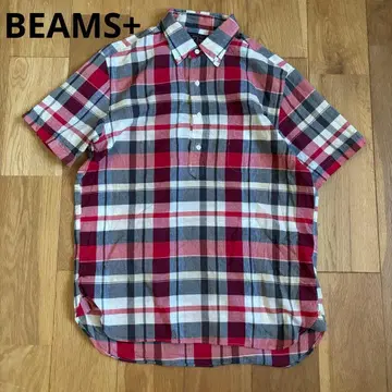 새상품급 BEAMS+ 마드라스 체크 반팔 셔츠 레드 계열 S 빔즈플러스