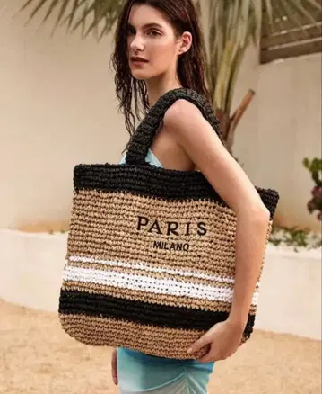 스트로우백 PARIS MILAON 로고 블랙 보더 손뜨개질 린넨