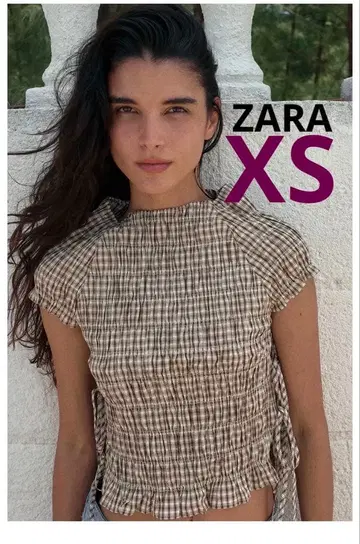 ZARA 체크 무늬 포플린 개더 탑 XS