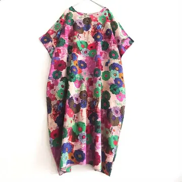2XL 린넨 레트로 팝 아트 꽃무늬 코쿤 롱 원피스 빅사이즈