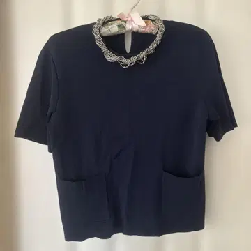 ZARA 네이비 반팔 비쥬 니트탑 L