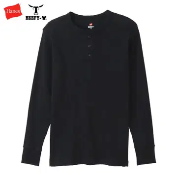 Hanes BEEFY-T 헨리넥 긴팔 티셔츠 블랙 비피
