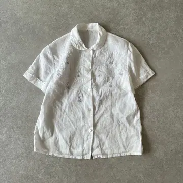 [ 새상품급 ] 빈티지 린넨 자수 블라우스 반팔 둥근 카라 컷워크