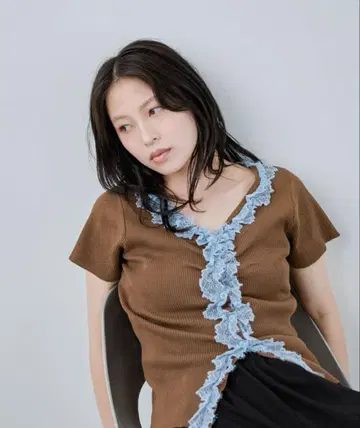 지나시스 JEANASIS 14G 레이스 트리밍 리브 가디건 SS 브라운