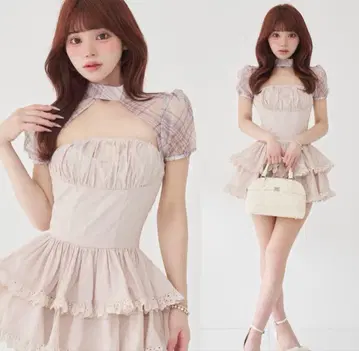 택 포함 새상품 다리치 도킹 시어 체크 미니 원피스 핑크 베이지