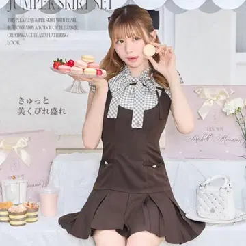 미셸 마카롱 체크 리본 셔츠 점프 스커트 세트