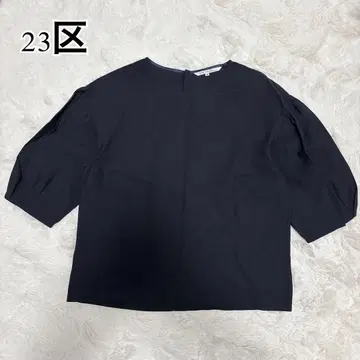 23구 린넨 혼방 퍼프 슬리브 블라우스 블랙 깔끔한 반팔 상의 고급
