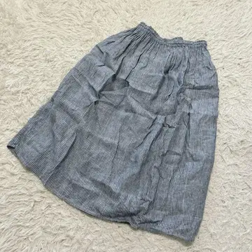 [ c9714 ] 린넨 100% 무릎 기장 스커트 플레어 스트라이프 블루