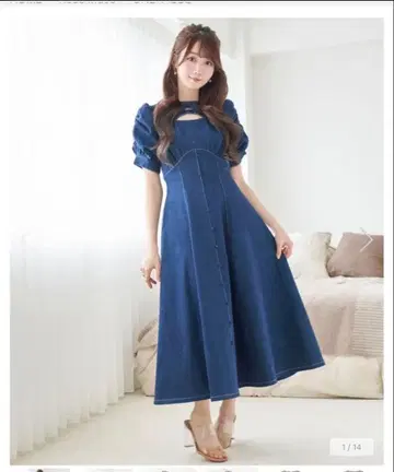 로제 뮤즈 denim puff sleeves dress