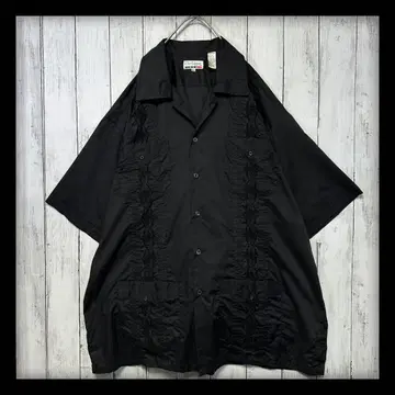 [ VINTAGE ] 쿠바 셔츠 2XL 올 블랙 자수 하와이안 라인