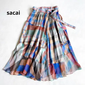 새상품급 sacai 사카이 패치워크 체크 이소재 절개 스커트 2