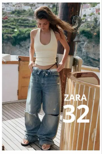 ZARA TRF 접이식 허리 미드 라이즈 데님 팬츠 32