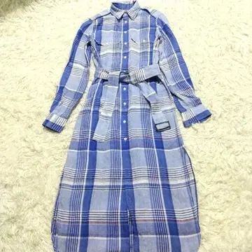 폴로 랄프로렌 린넨 롱 원피스 긴팔 체크 벨트