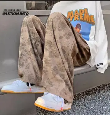 와이드 팬츠 코듀로이 남성용 3XL 꽃무늬 올 패턴 브라운 한국 PE