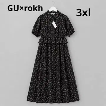 [레어] GU x rokh 새상품 꽃무늬 셔츠 원피스 블랙 3XL 프릴
