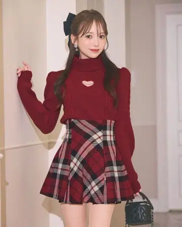 미셸 마카롱 플레어 체크 스커트 빨간색