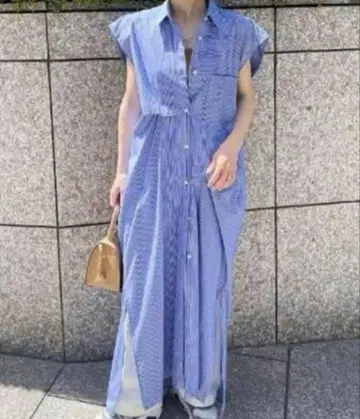 완판템 자라 스트라이프 패턴 포플린 원피스 블루 셔츠 원피스