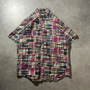 빈티지 멀티 컬러 패치워크 디자인 체크 반팔 셔츠