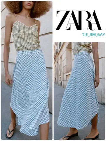 ZARA 체크 무늬 비대칭 미디 스커트 XS