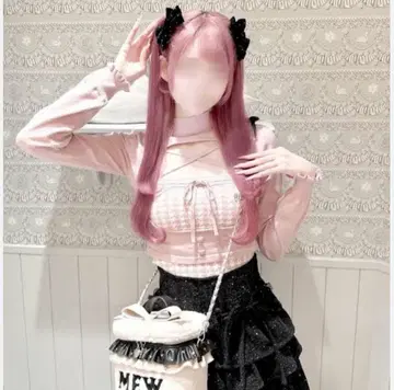 HONEYMEW 허니뮤우 하운드투스 체크 패턴 하이넥 앙상블 상의 핑크