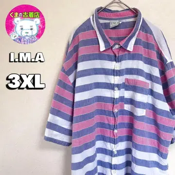 usa 구제 의류 I.M.A 반팔 버튼 셔츠 3XL 보더 핑크 화이트