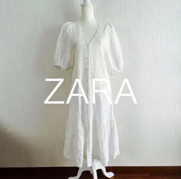 ZARA 자라 퍼프 슬리브 자수 겉옷 원피스 화이트 XS S