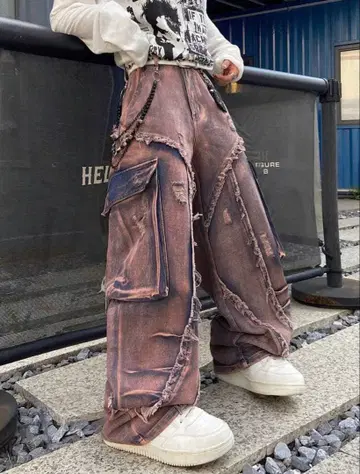 빈티지 가공 와이드 카고 데님 팬츠