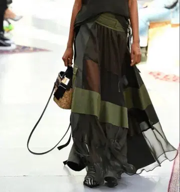 sacai 패치워크 시어 롱 스커트 카키