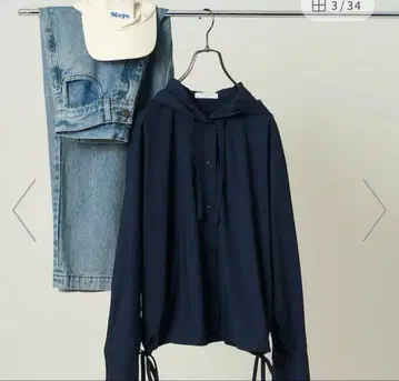 네이비 후드 부착 긴팔 셔츠 밑단 드로스트