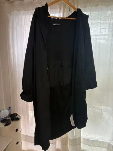 ZARA 후드 부착 롱 나일론 코트 블랙