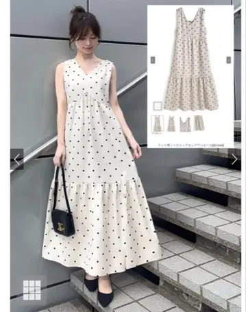 그레일 도트 무늬 슬리브리스 롱 원피스