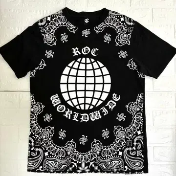 00s ROCAWEAR 페이즐리 올 패턴 T셔츠 L 블랙 로카웨어 Y2K