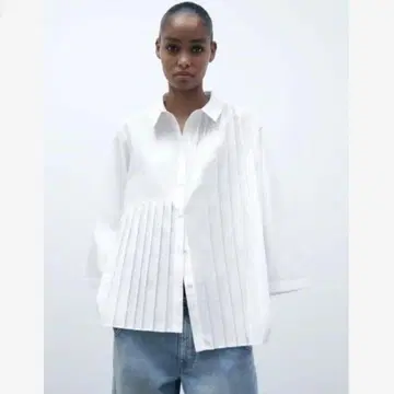 ZARA 비대칭 플리츠 셔츠 반팔 5부 소매 카라 부착 오버 사이즈