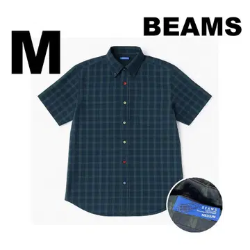 BEAMS 빔즈 네이비 x 그린 체크 반팔 셔츠 M