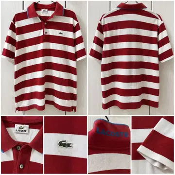 라코스테 LACOSTE 보더 반팔 피케 셔츠 레드 x 화이트