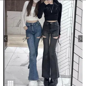 GRL [cu578] 사이드 컷 아웃 리본 플레어 데님 팬츠 블루 XS