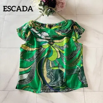 NO.6-227 ESCADA 실크 플리츠 올 패턴 블라우스 그린 38