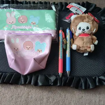 새상품 Monchhichi 펜 케이스 봉제 인형 세트 볼펜 2점