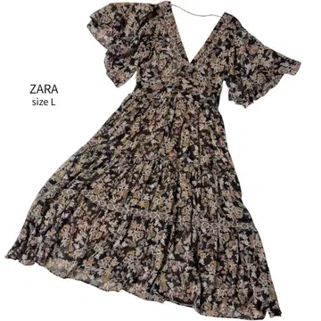ZARA 꽃무늬 페이즐리 V넥 롱 원피스 블랙 L