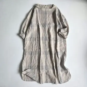 [ 새상품급 ] 네스트로브 원피스 7부 소매 린넨 체크 둥근 카라 루즈핏