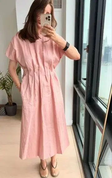 ZARA 플리츠 미디 원피스 핑크 허리 턱 린넨면 롱
