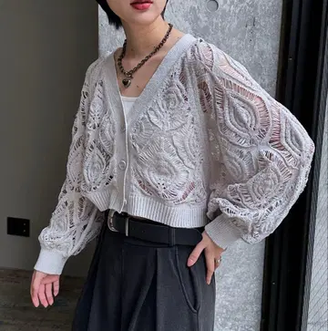 PAGEBOY 스카시 리프 니트 볼레로 그레이 가디건