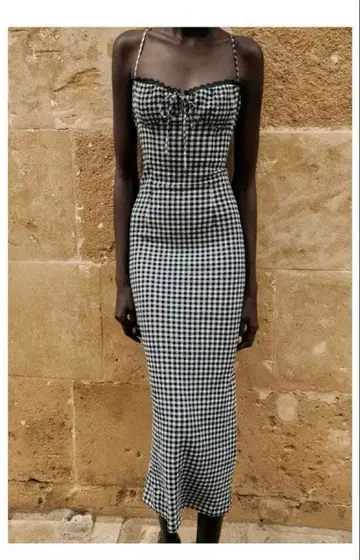 ZARA 핏 깅엄 체크 패턴 미디 원피스 XS 미사용 새상품