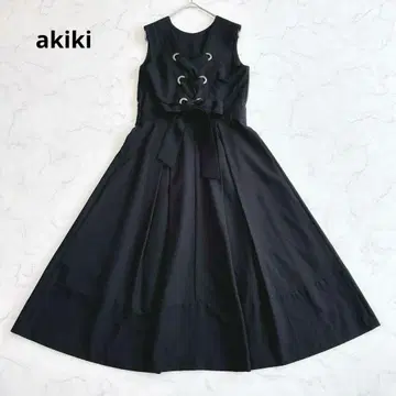 akiki 롱 원피스 백 레이스업 A라인 플레어 리본 블랙